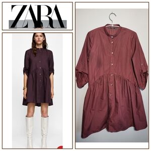 Zara Trafaluc Size Small Poplin Dress Eggplant Pleated Shirt Short Dress
